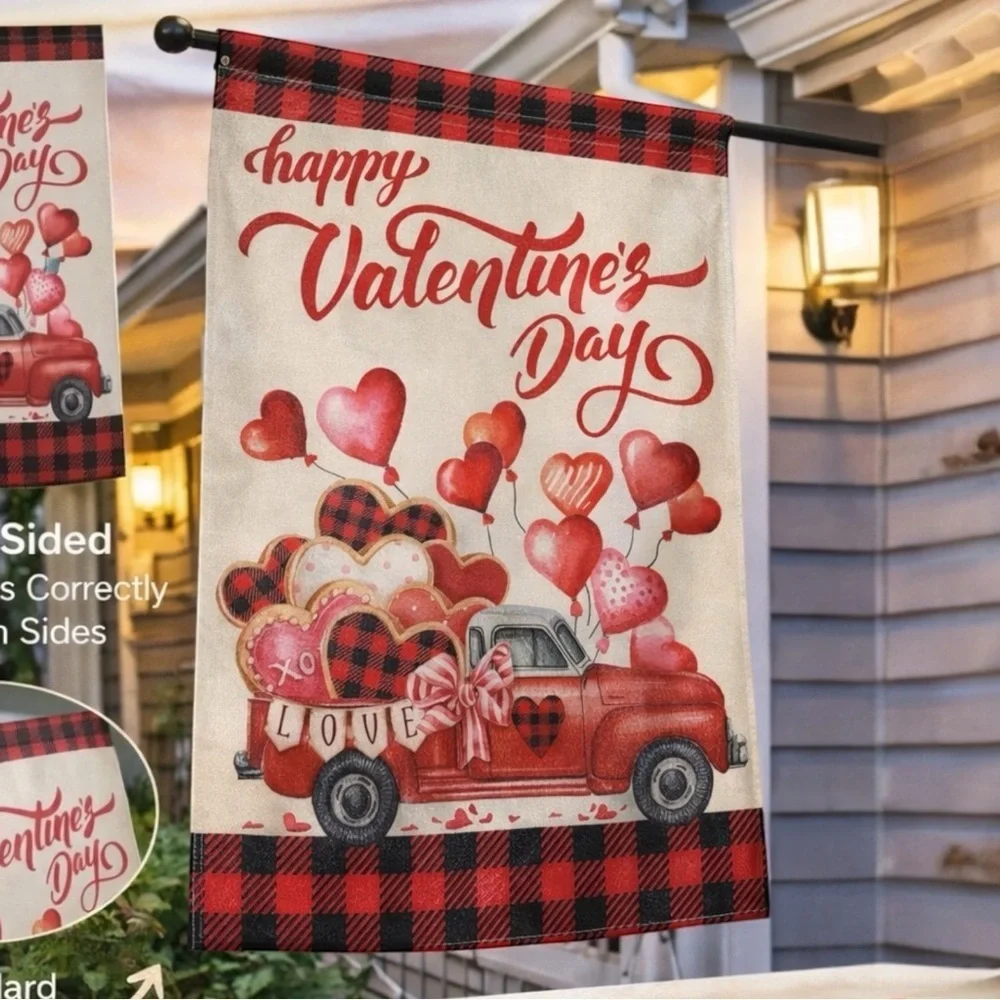 Briarwood Lane Happy Valentine’s Day House Flag Red Truck Hearts 28x40 Plaid